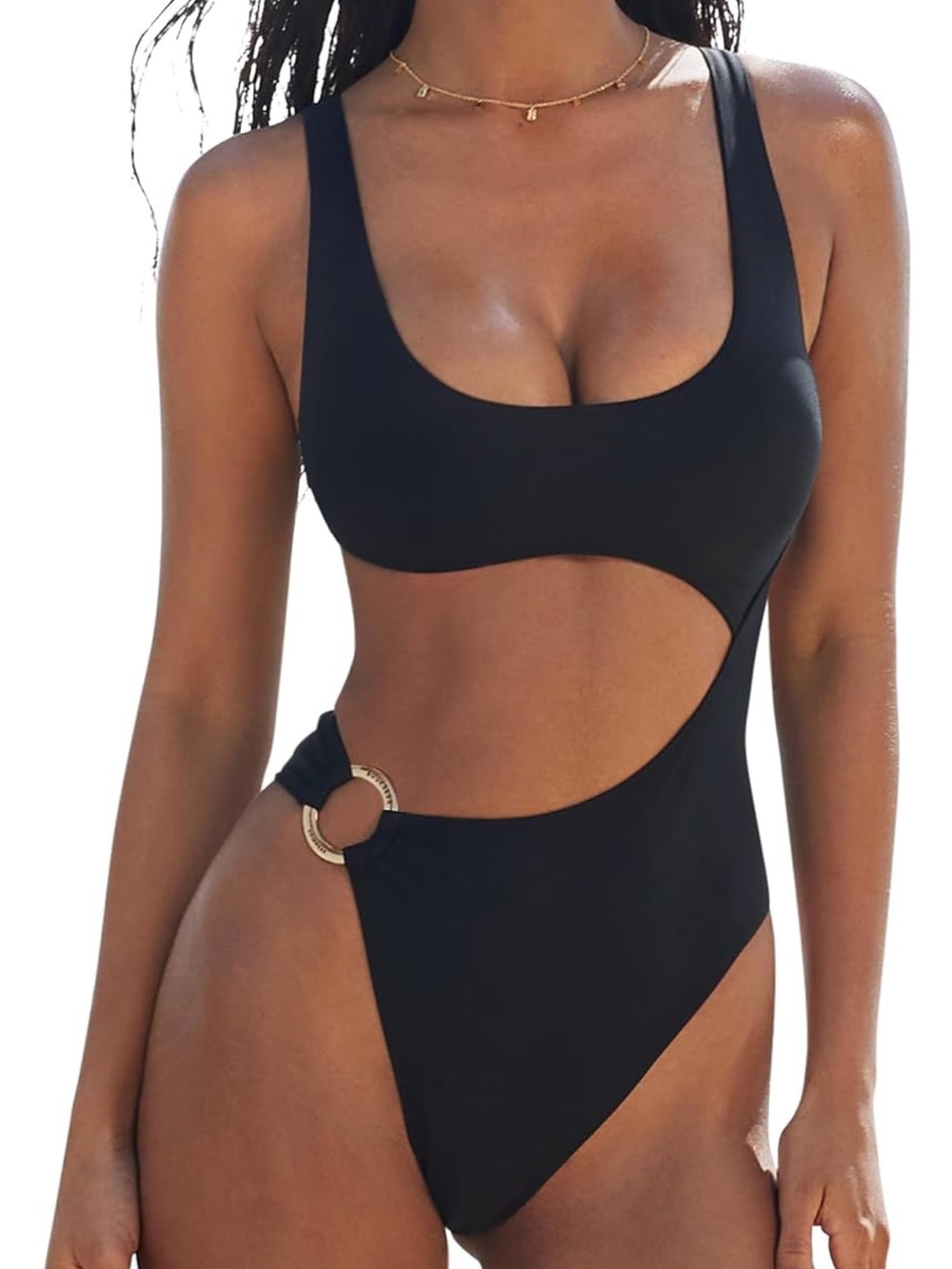 Sleek Black Cutout One-Piece Swimsuit with Gold Ring Accent
